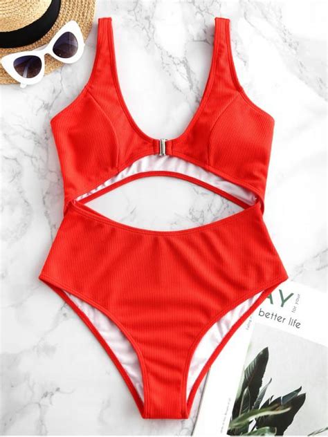 25 Off 2021 Zaful Cutout Ribbed High Rise One Piece Swimsuit In Red