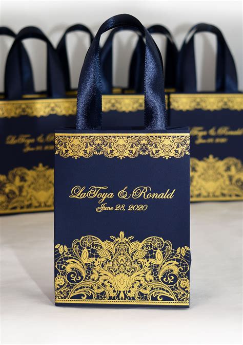 35 Navy Blue And Gold Personalized Bags With Satin Ribbon Print Lace