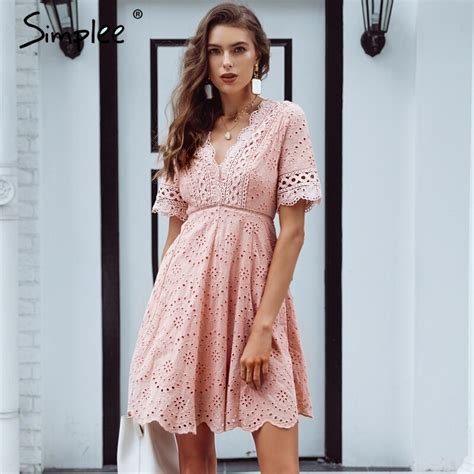 Buy Simplee Embroidery V Neck Cotton Midi Dress Elegant Hollow Out White Women