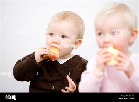 Two Babies Holding Apples Sweden Stock Photo Alamy