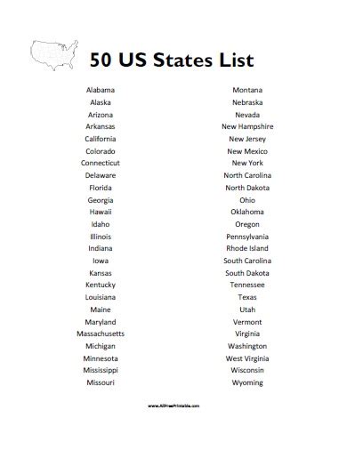 50 States List Free Printable