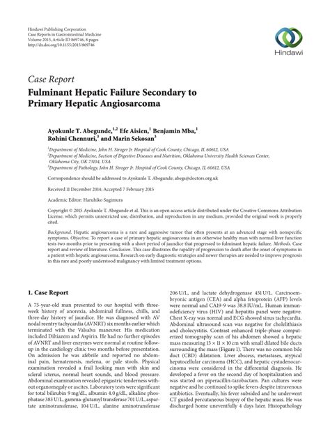 Pdf Fulminant Hepatic Failure Secondary To Primary Hepatic Angiosarcoma