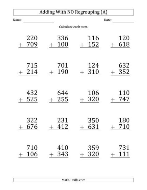Large Print 3 Digit Plus 3 Digit Addition With No Regrouping A