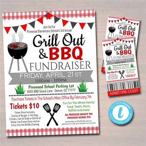 Editable Bbq Grill Out Fundraiser Flyer Ticket Poster Set Pto Pta