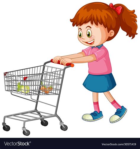 girl pushing shopping cart with groceries vector image