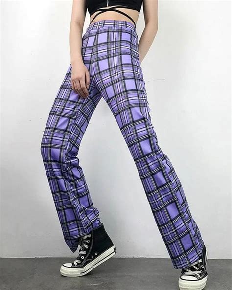 Emmiol Free Shipping 2023 High Waist Purple Plaid Pants Purple S In