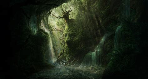 Wallpaper Trees Waterfall Digital Art Dark Artwork River Cave