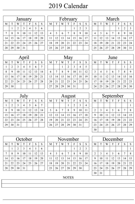 2019 One Page Calendar With Notes Excel Calendar Template Calendar