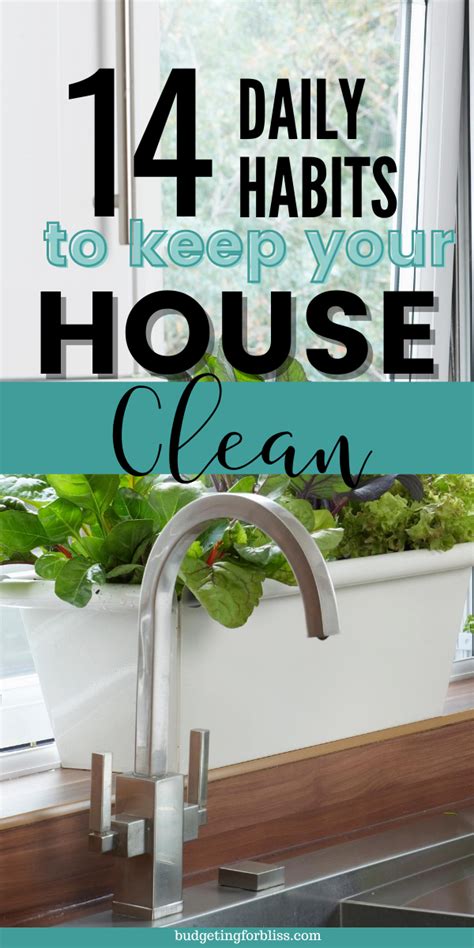 A Kitchen Sink With The Words 14 Daily Habitts To Keep Your House Clean