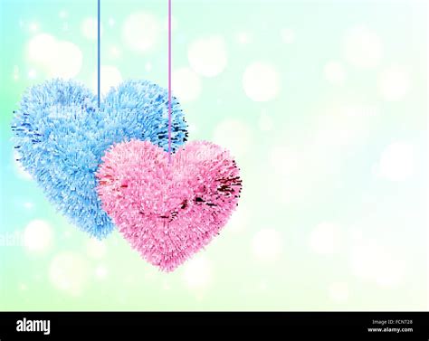 Blue And Pink Fluffy Hearts Pair On Blue Bokeh Background Stock Vector