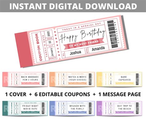Birthday Ticket Coupon Book Editable Customizable Printable Template