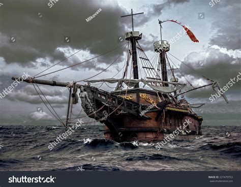 Abandoned Historic Sailing Ship In The Stormy Sea Wooden Sailboat