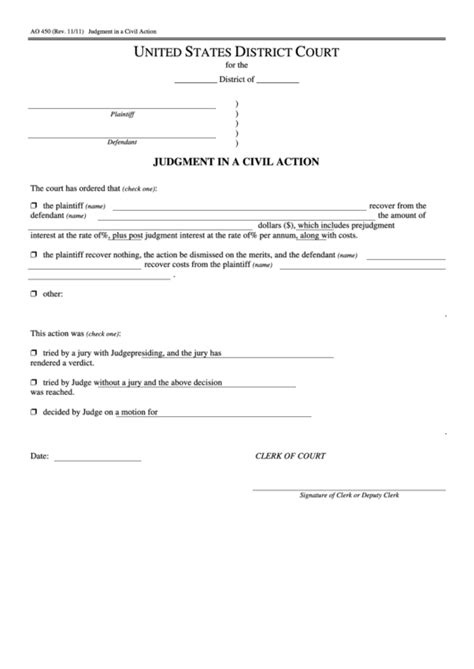 Fillable District Court Form Judgment In A Civil Action Printable Pdf
