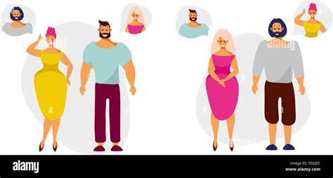 Cartoon Characters Men And Women Think And Dream Of Each Other Set Of Vector Illustration In