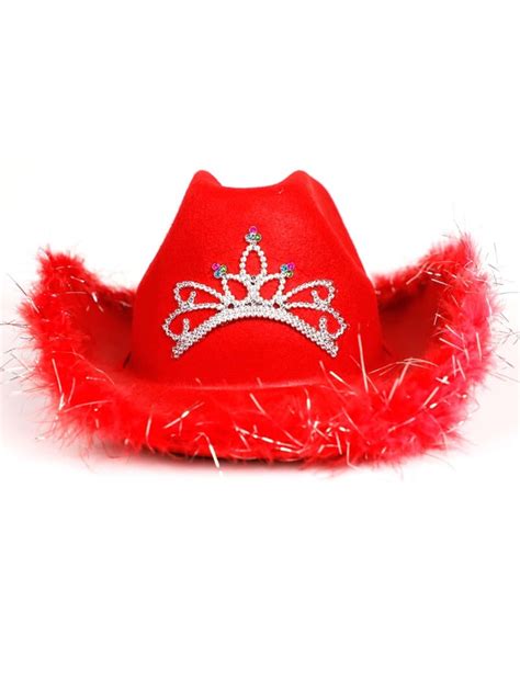 Rhinestone Crown Decor Fuzzy Trim Cowboy Hat Shein Uk