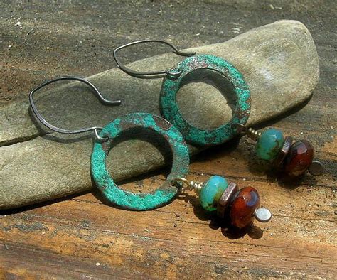 Blue Patina Brass Hoop Czech Glass In Turquoise And Russet Etsy