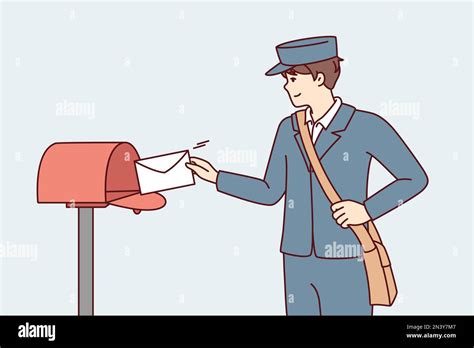 Man in postman uniform throws paper letter into metal mailbox located