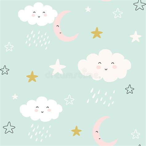 Seamless Pattern With Cute Clouds And Raindrops Vector Illustration