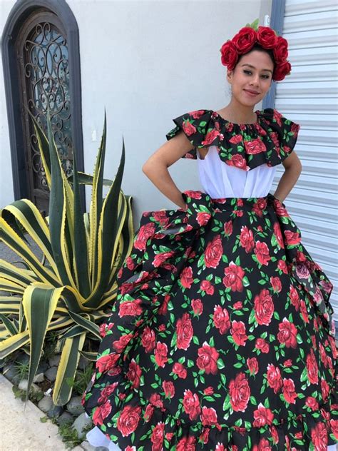 Mexican Flowered Black Skirt With Top Handmade Beautiful Frida Kahlo