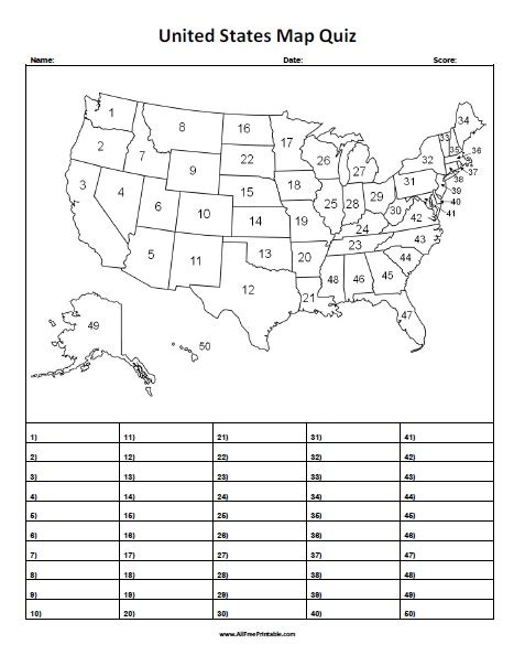 United States Map Quiz Free Printable Map Quiz Map Worksheets