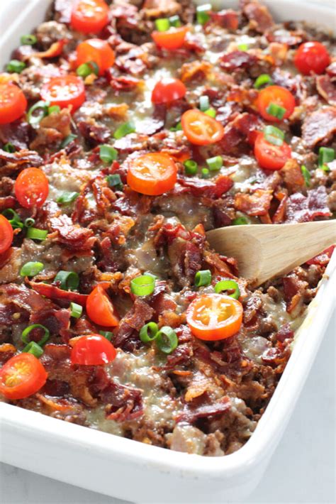 Crumbled ground beef gets mixed with a savory spice mix, then tossed in with sweet. Bacon Cheeseburger Casserole {keto, paleo, Whole30, AIP ...
