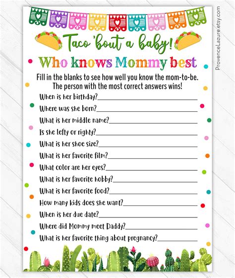 Taco Bout a Baby Who Knows Mommy Best Mommy quiz Baby Shower | Etsy | Who knows mommy best, Taco 