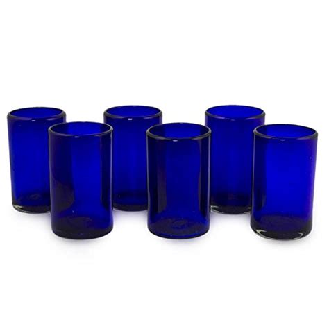 Novica Artisan Crafted Cobalt Blue Hand Blown Recycled Glass Cocktail Glasses 14 Oz Solid Blue