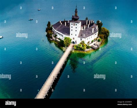 Aerial View Of Gmunden Schloss With Traunsee Lake In Austria Stock