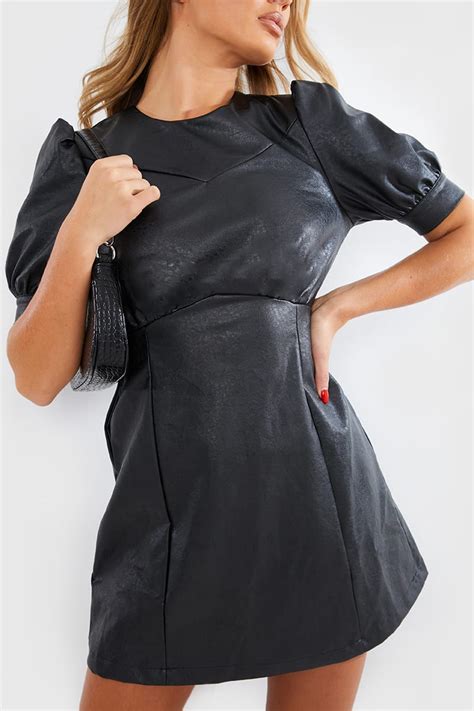 Black Faux Leather Puff Sleeve Mini Dress In The Style