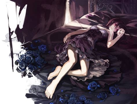 Eigentlich geht das gar nicht! Hintergrundbilder : Anime Mädchen, barfuß, im Bett, Kunstwerk, Kleid, Füße, Comics, blaue Rose ...