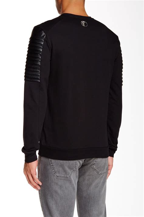 Versace Cotton Faux Leather Panel Crew Neck Sweater In Black For Men Lyst