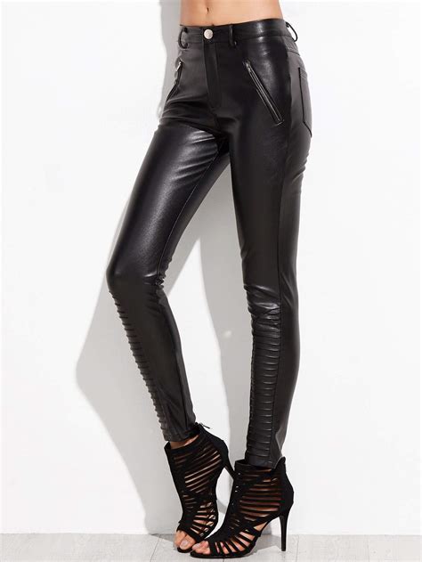 black skinny pu leather pants with zipper pockets shein sheinside