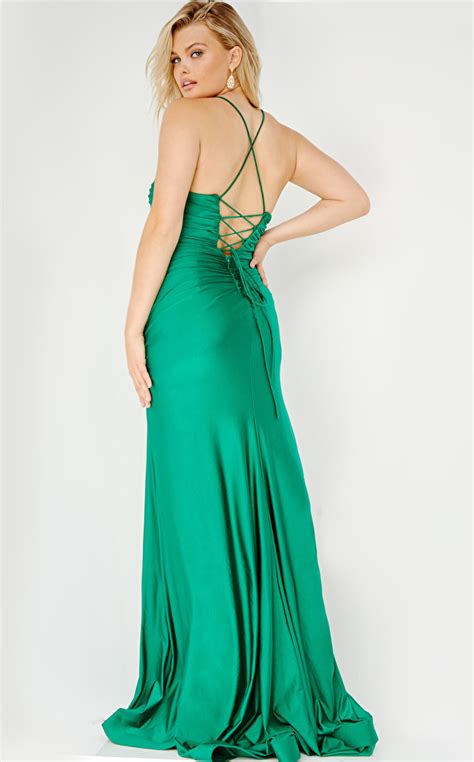 JVN22312 Emerald Spaghetti Strap High Slit Plus Size Prom Dress JVN