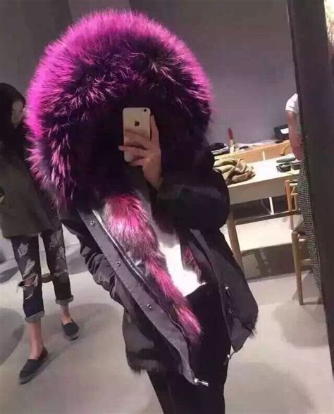 Womens Black Sexy Purple Natural Fox Fur Coats Real Raccoon Fur