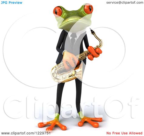 Clipart Of A 3d Green Springer Frog Playing A Saxophone In A Suit 2