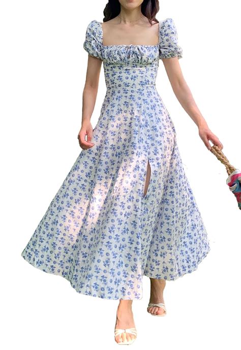 women s puff sleeve floral maxi dress square neck cottagecore dress boho backless beach party