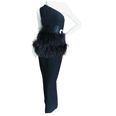 carolyne roehm 80 s black one shoulder evening dress w ostrich feather and crystal for sale at
