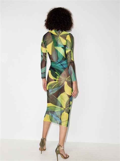 Louisa Ballou High Tide Leaf Print Sheer Midi Dress Farfetch
