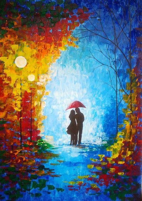 This Is A Painting Of A Couple In The Rain Under A Red Umbrella