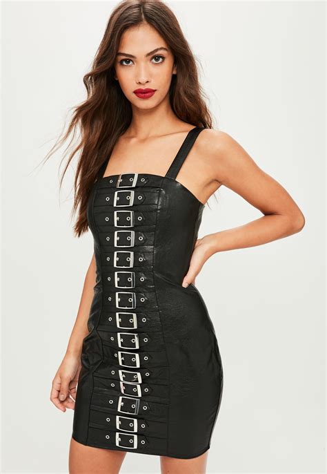 Missguided Black Faux Leather Buckle Detail Bodycon Dress Lyst