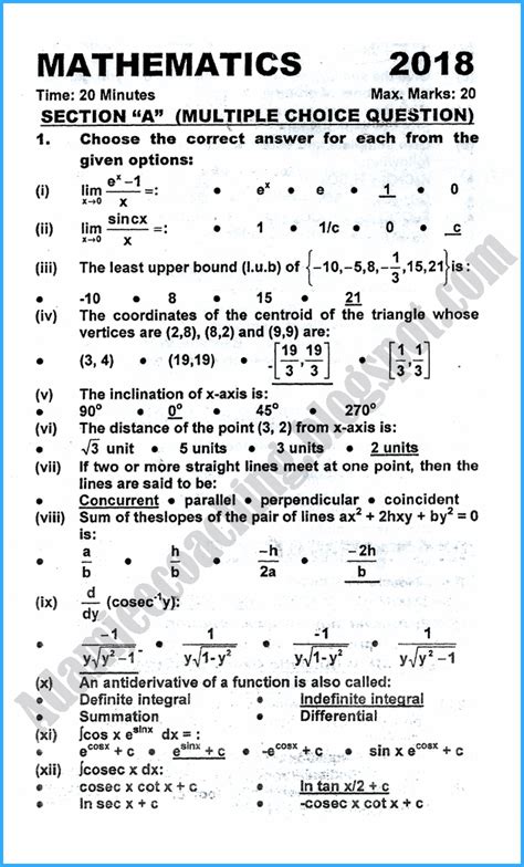 The following are examples of actual examination papers used in past years. Adamjee Coaching: 12th Mathematics - Past Year Paper - 2018