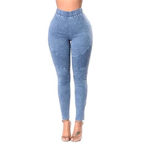 Women Skinny Jeans Leggings Rubber Waistband High Waisted Elastic Denim Pants Solid Push Up