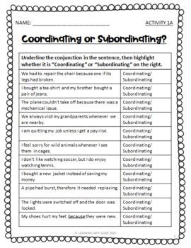 Conjunctions Worksheets Grades Coordinating Subordinating