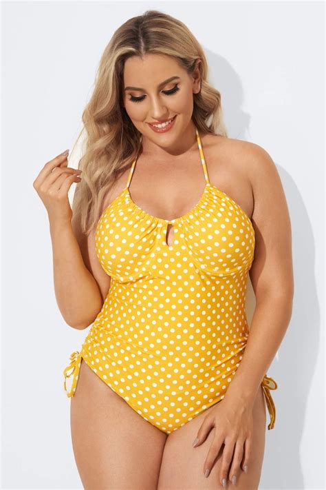 Yellow Self Tie Halter Dot One Piece Swimsuit In 2021 Plus Size