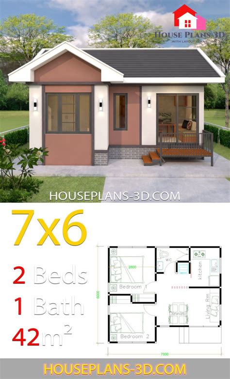 House Plans Design 7x6 with 2 Bedrooms Gable Roof in 2020 ...