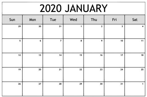 Free Editable January Calendar 2020 Blank Template