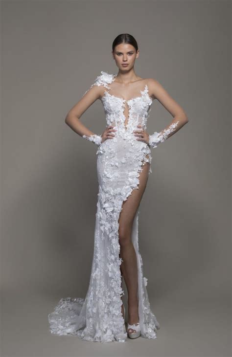 Illusion Long Sleeve Floral Lace Sheath Wedding Dress With Slit Kleinfeld Bridal
