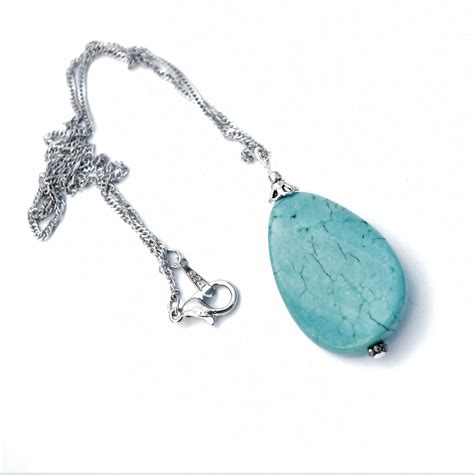 Blue Turquoise Necklace Silver Teardrop Pendant Gemstone Etsy