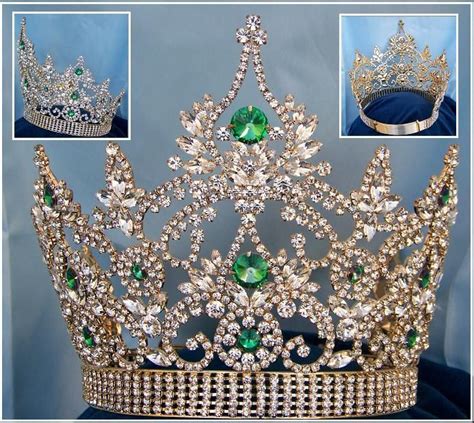 Continental Adjustable Gold Emerald Rhinestone Crown Tiara Crowndesigners