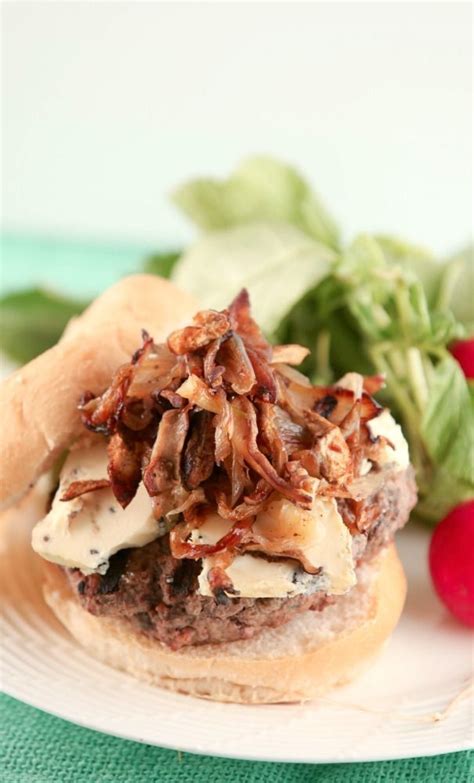 Saute the onions and mushrooms until soft and fragrant. Blue Cheese Burger with Crispy Shoestring Onions and ...